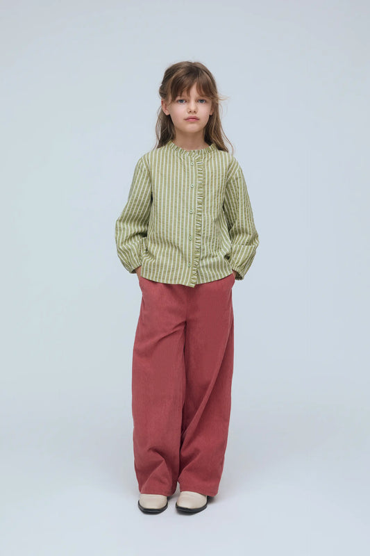 Camisa de niña con mezcla algodón con estampado de rayas verde y blanco