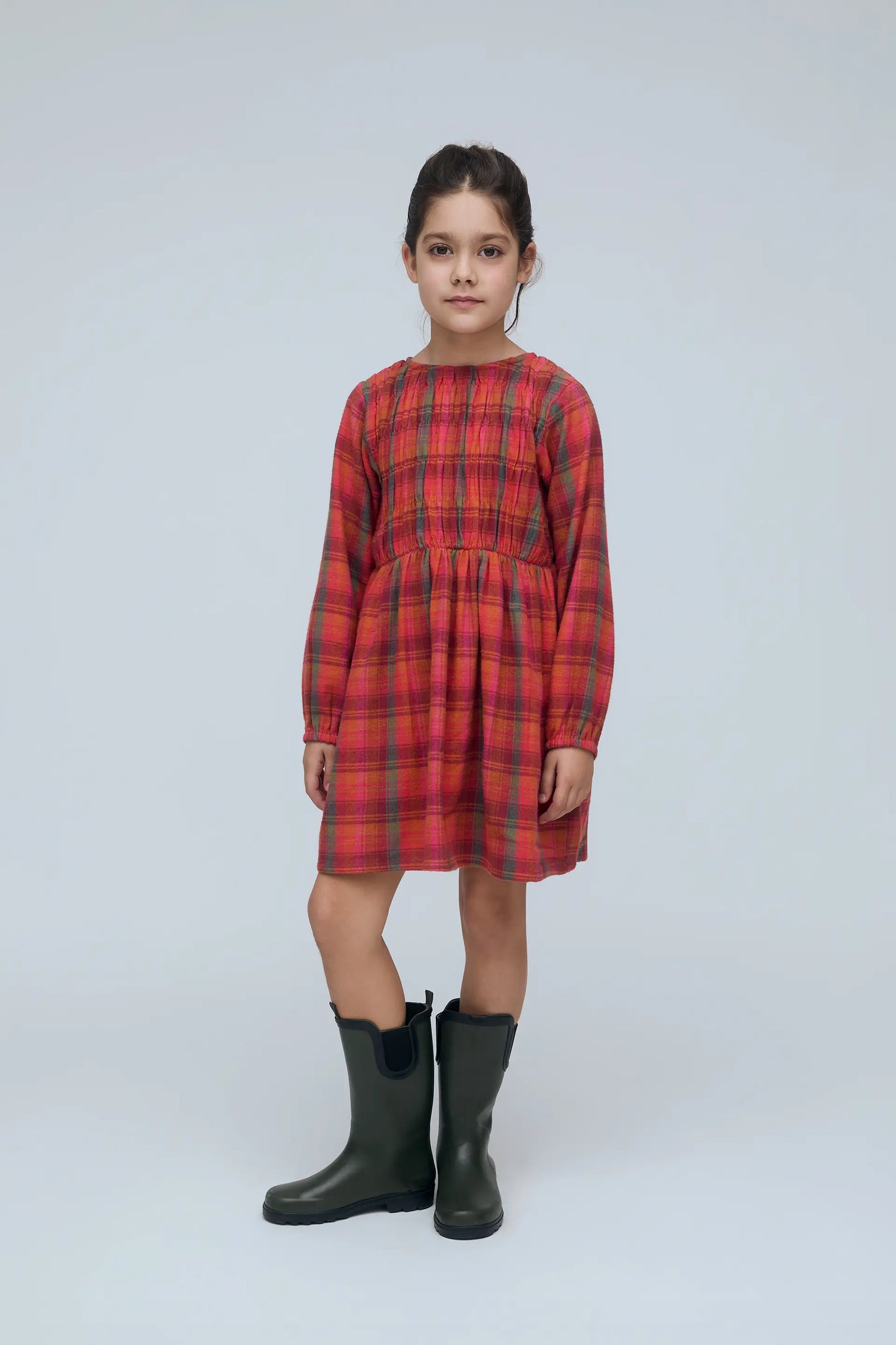 Girls' 100% cotton dress with pink plaid print