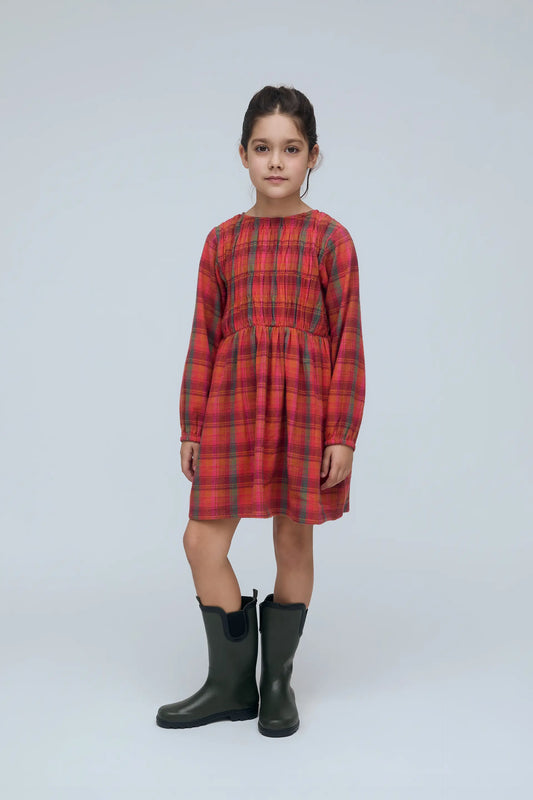 Girls' 100% cotton dress with pink plaid print