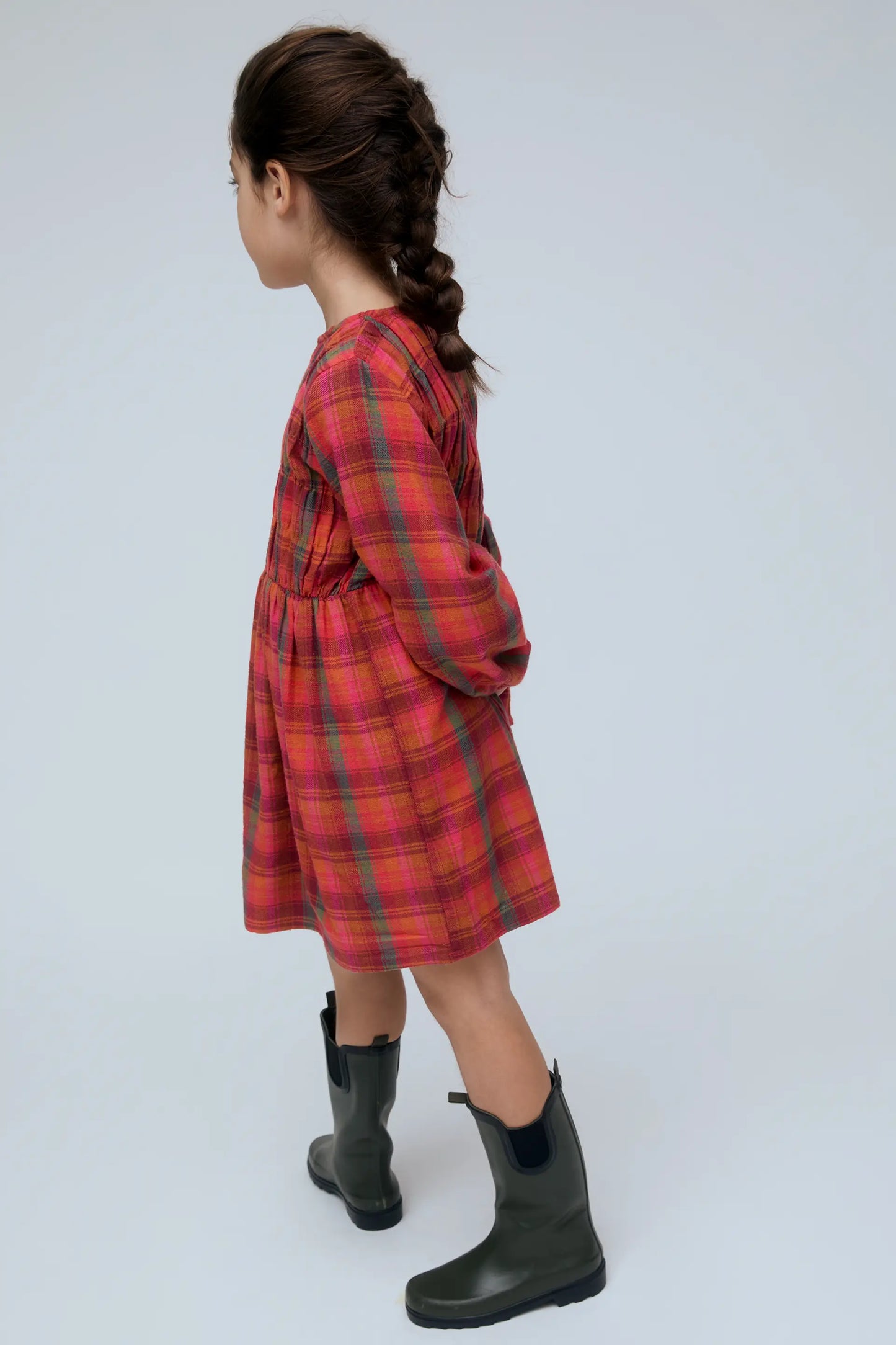 Girls' 100% cotton dress with pink plaid print