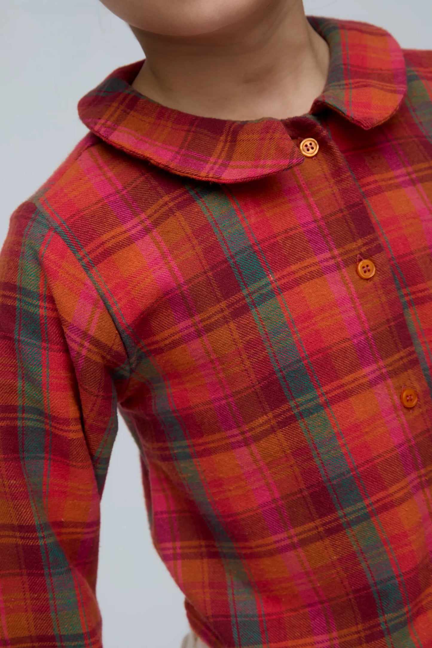 100% cotton girl's shirt with pink plaid print