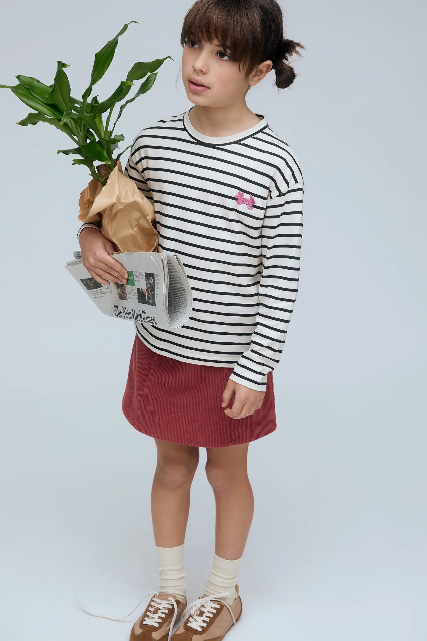 Girl's 100% cotton T-shirt with black and white stripe print