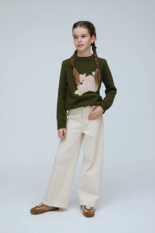 Jeans da bambina beige con tasche a cuore