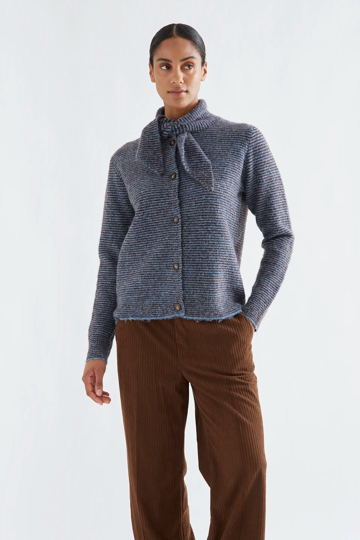 Blue and brown striped knit cardigan
