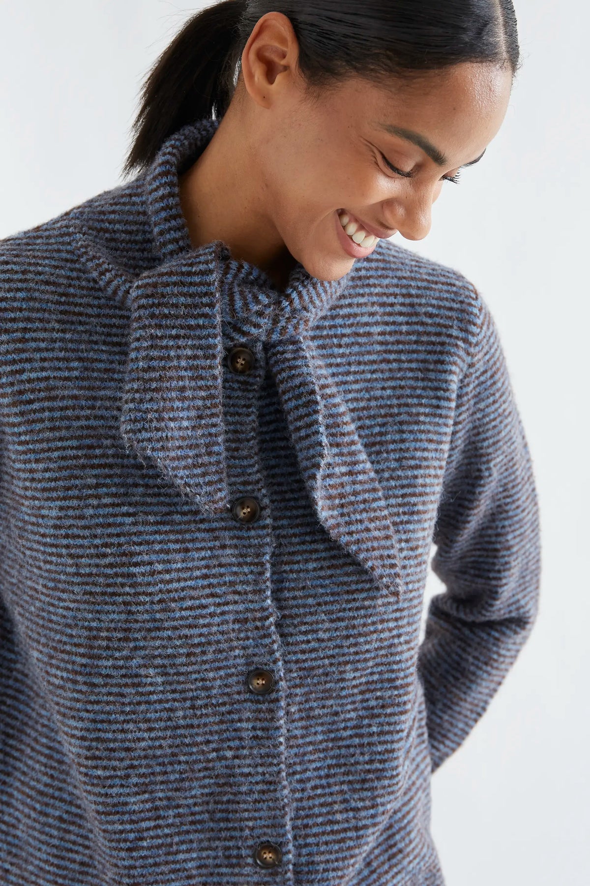 Blue and brown striped knit cardigan