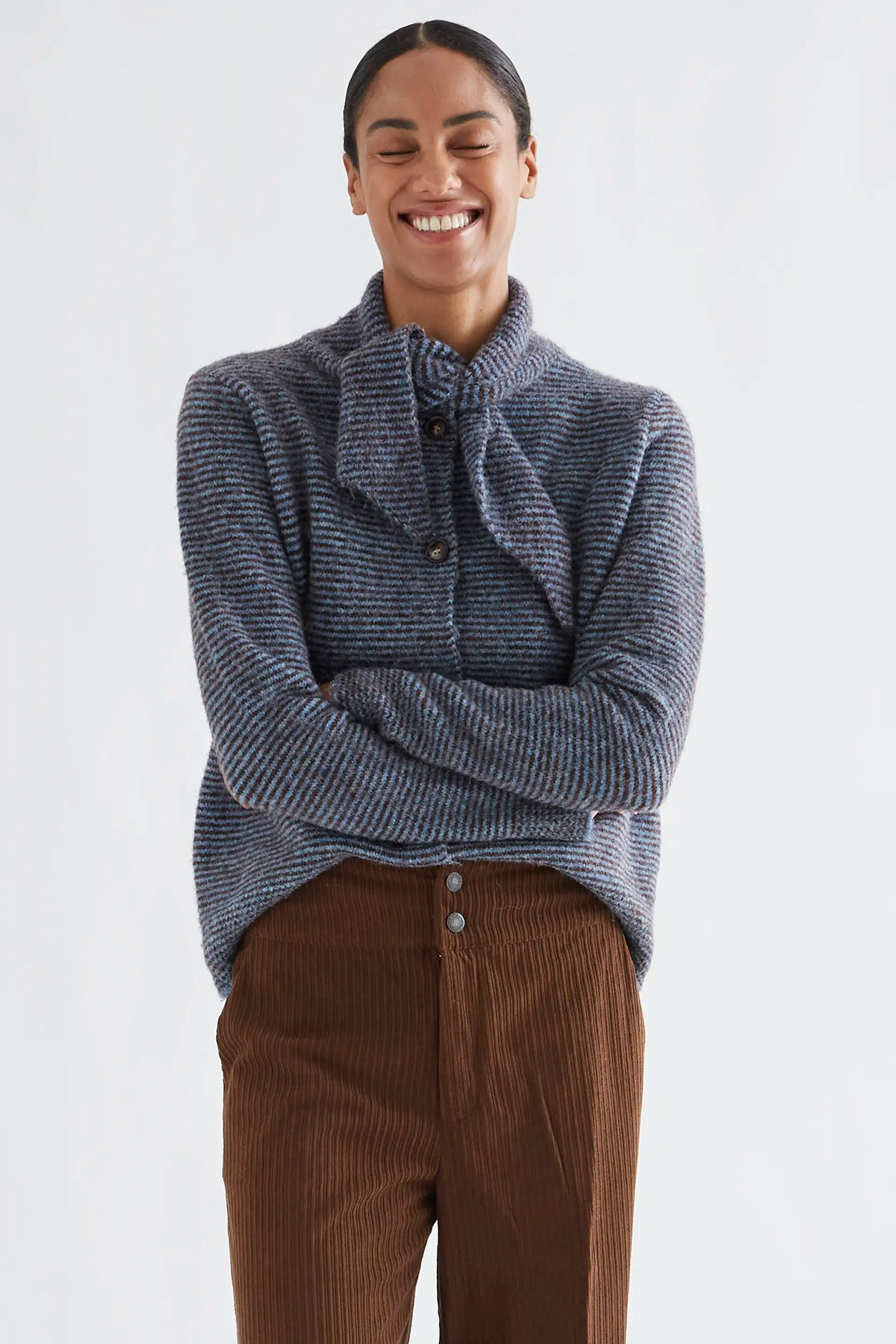 Blue and brown striped knit cardigan