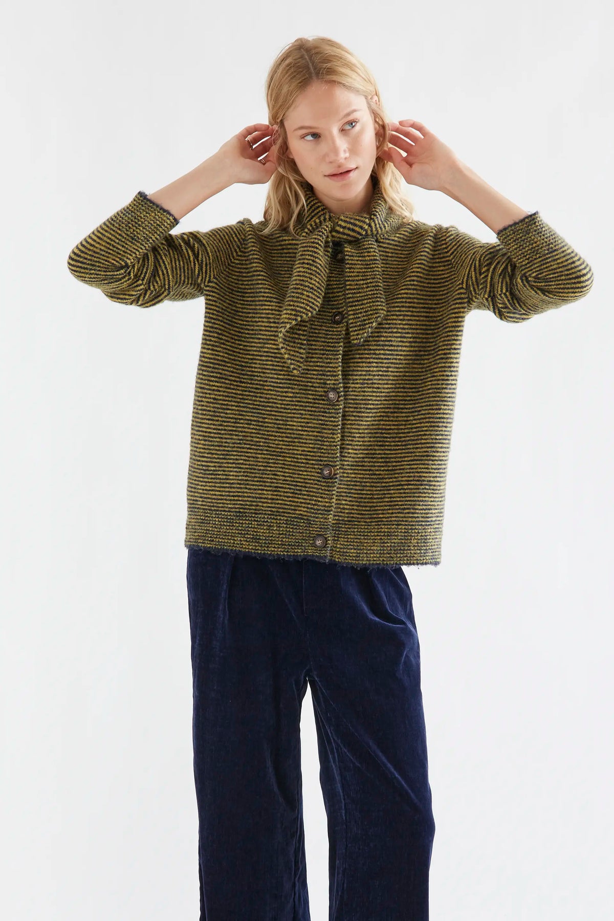Knitted cardigan with navy and mustard striped pattern