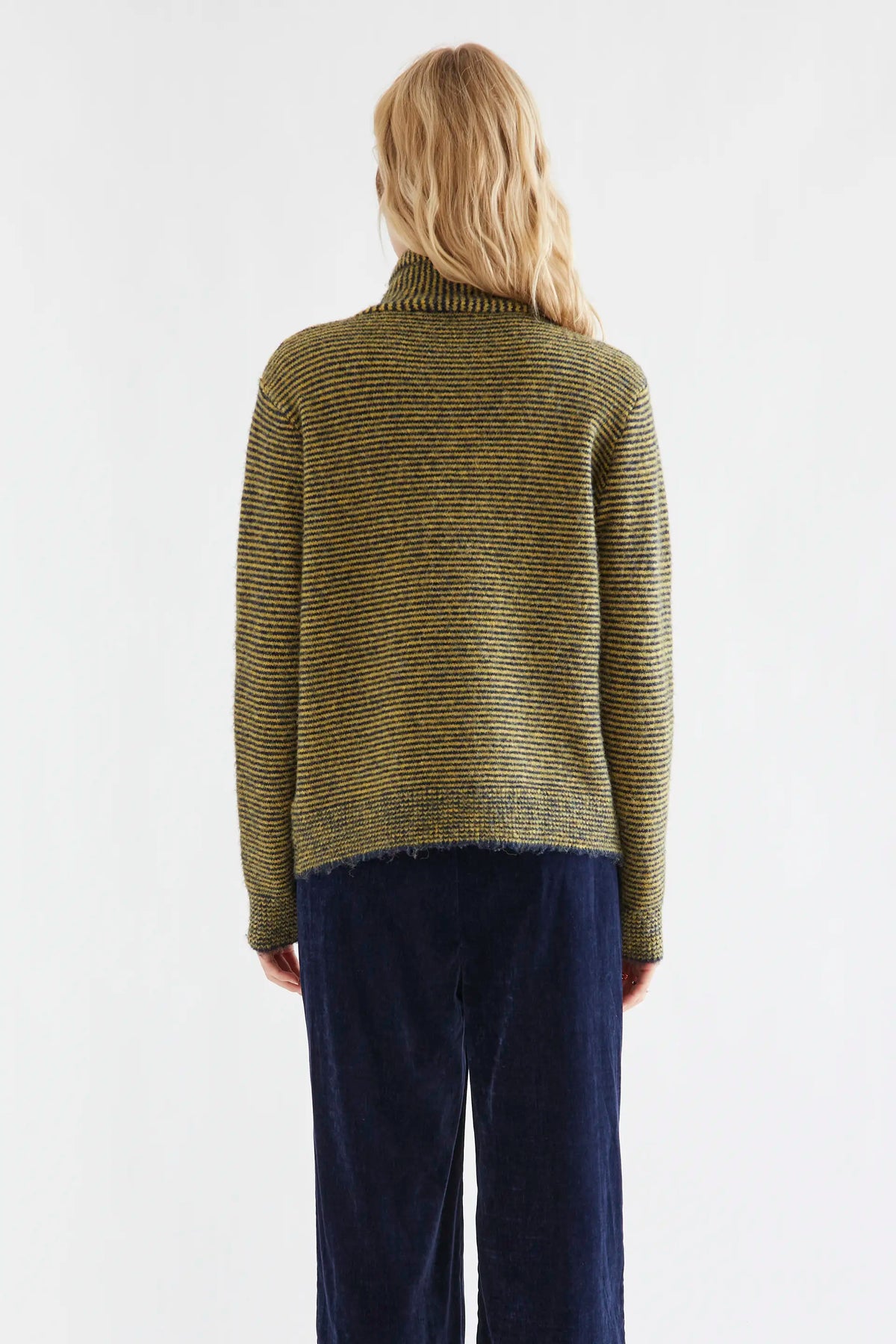 Knitted cardigan with navy and mustard striped pattern