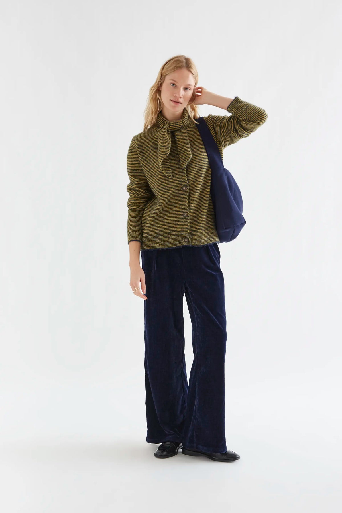 Knitted cardigan with navy and mustard striped pattern