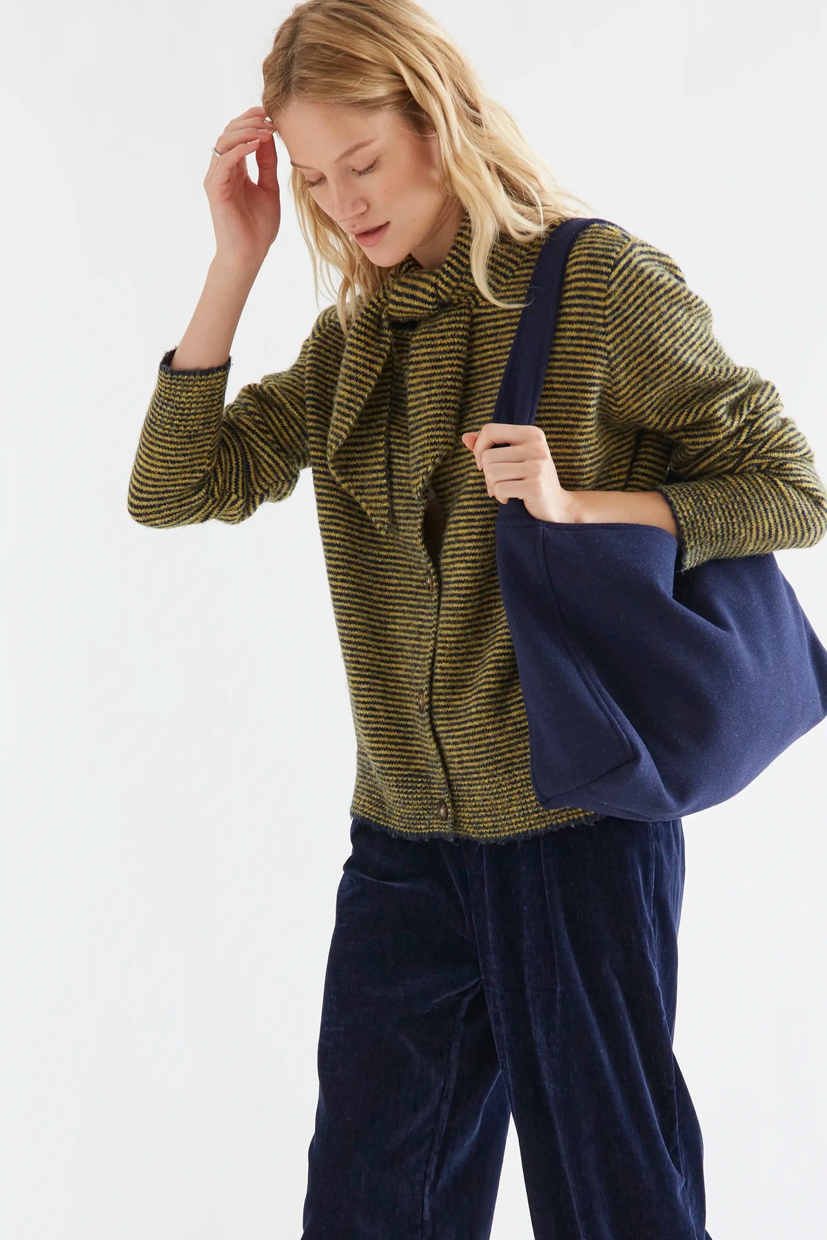 Knitted cardigan with navy and mustard striped pattern