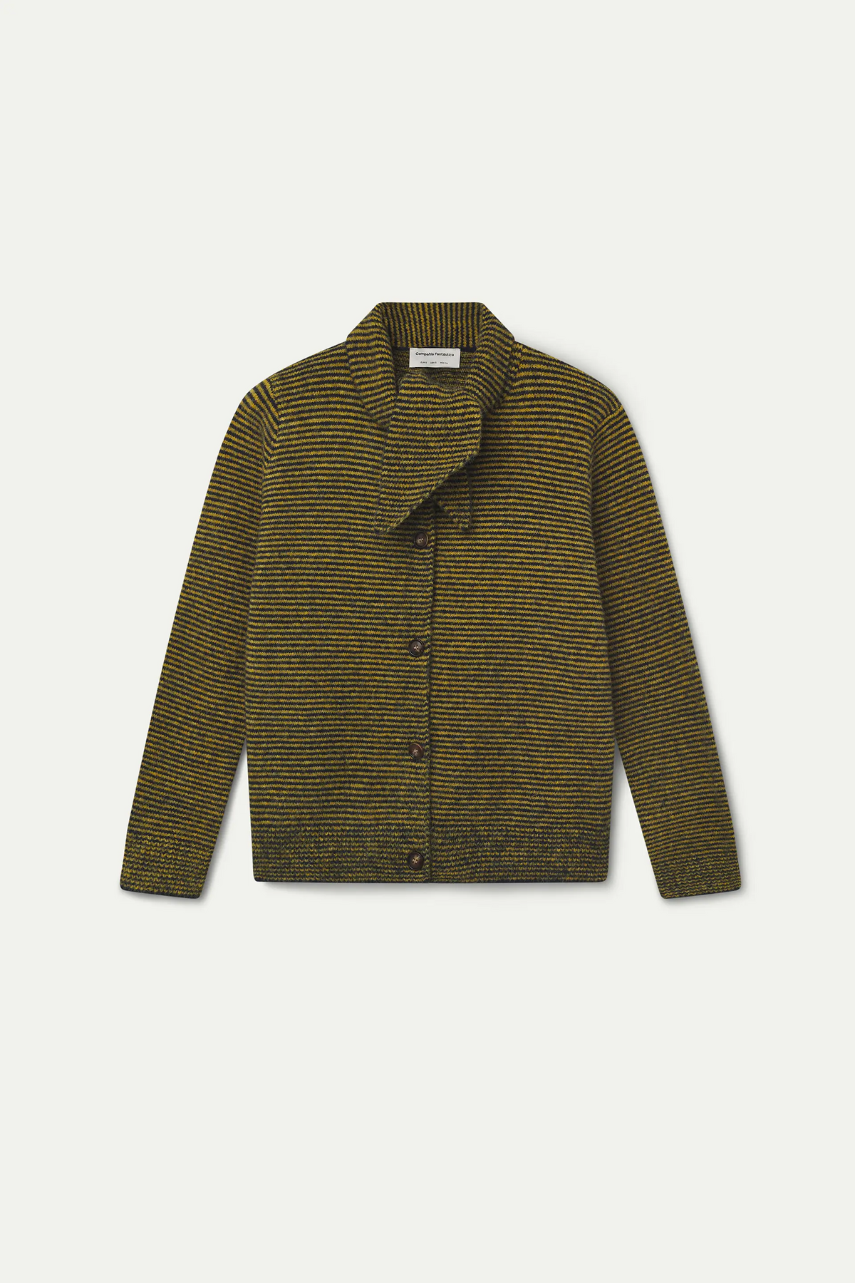 Knitted cardigan with navy and mustard striped pattern