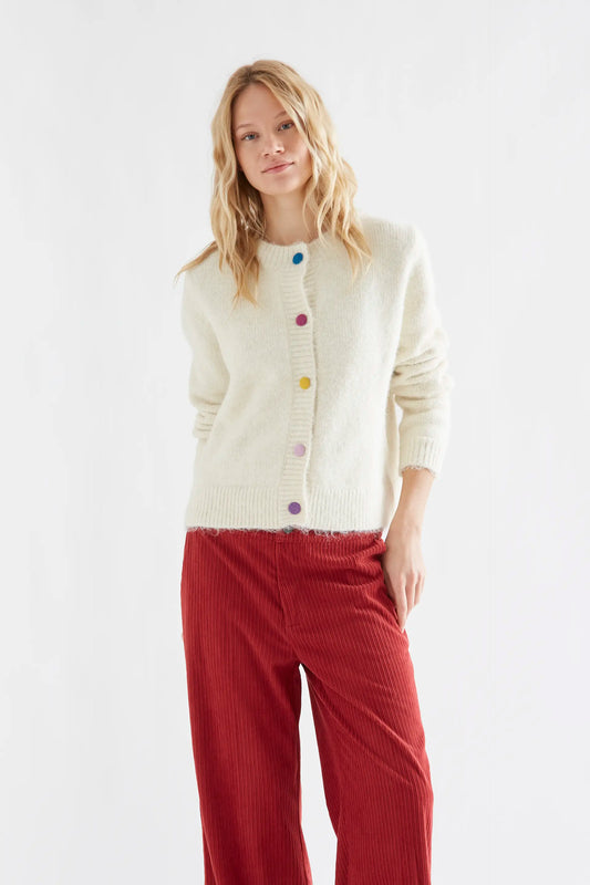 Ecru knit cardigan with multicolored buttons