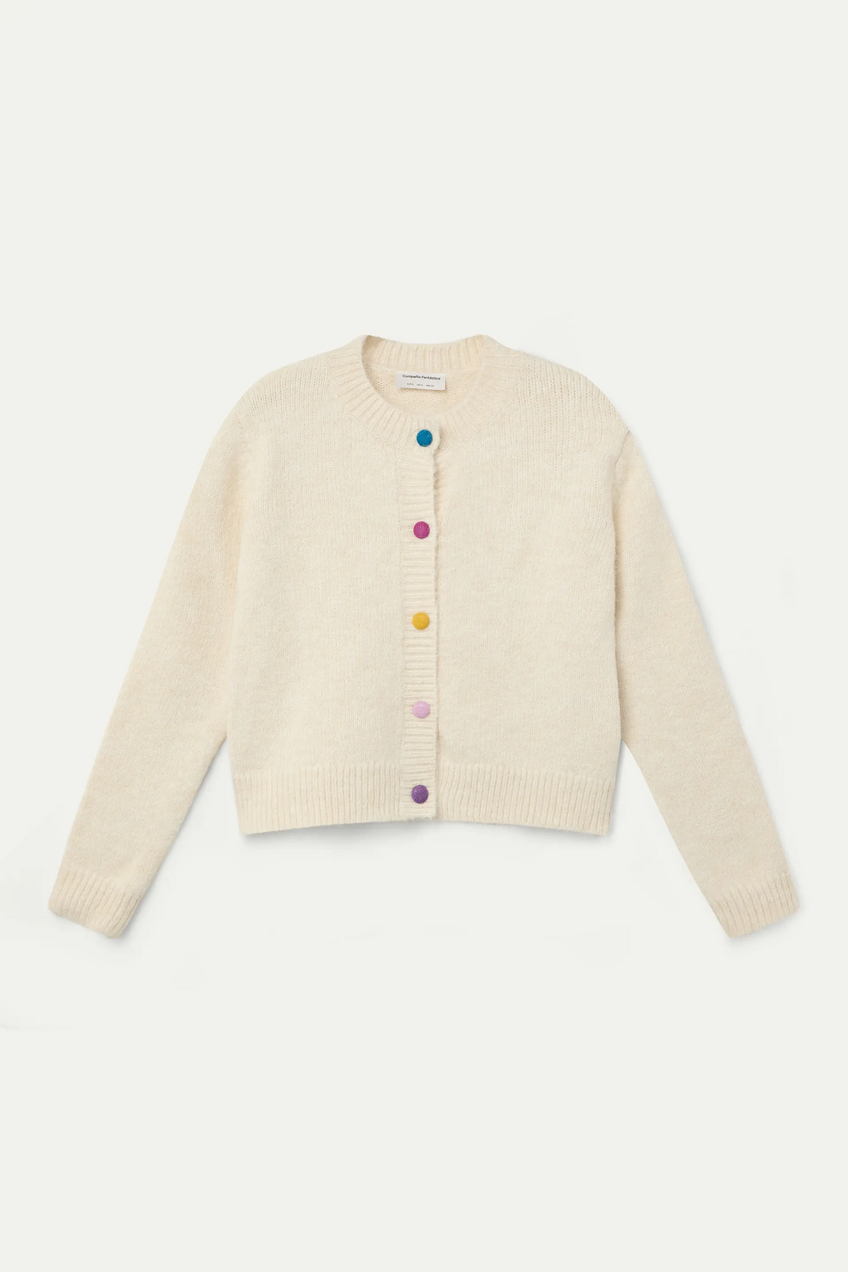 Ecru knit cardigan with multicolored buttons