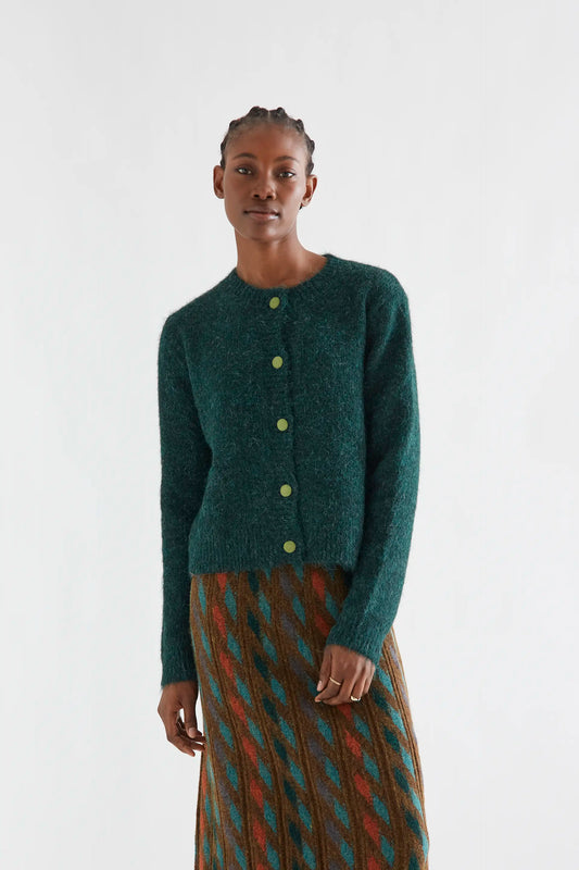 Dark green knit cardigan with light green buttons