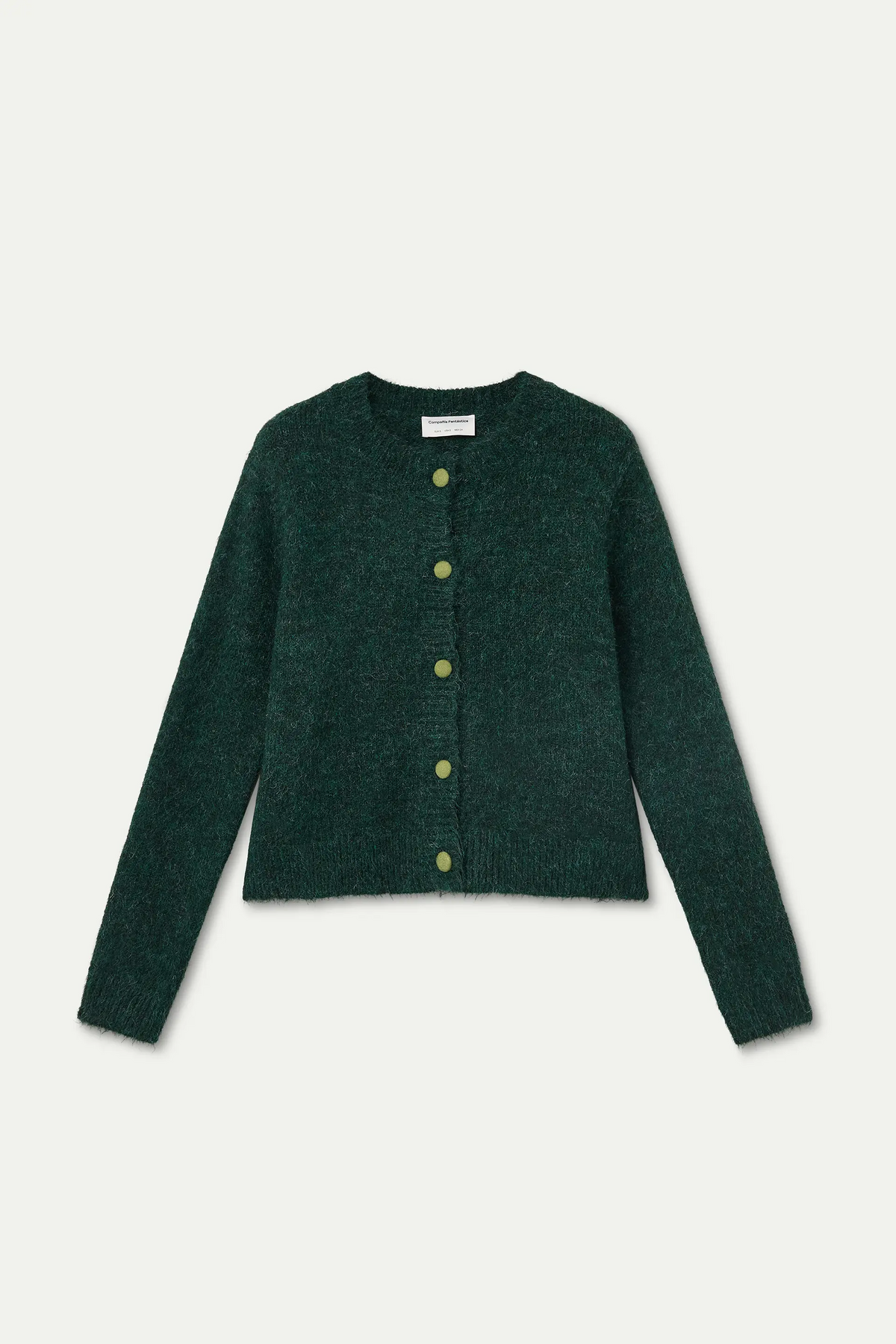 Dark green knit cardigan with light green buttons