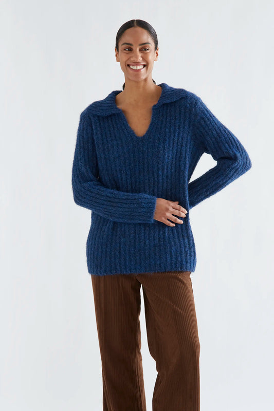 Navy blue striped wool blend knit sweater