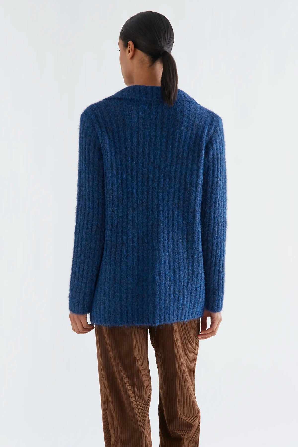 Navy blue striped wool blend knit sweater