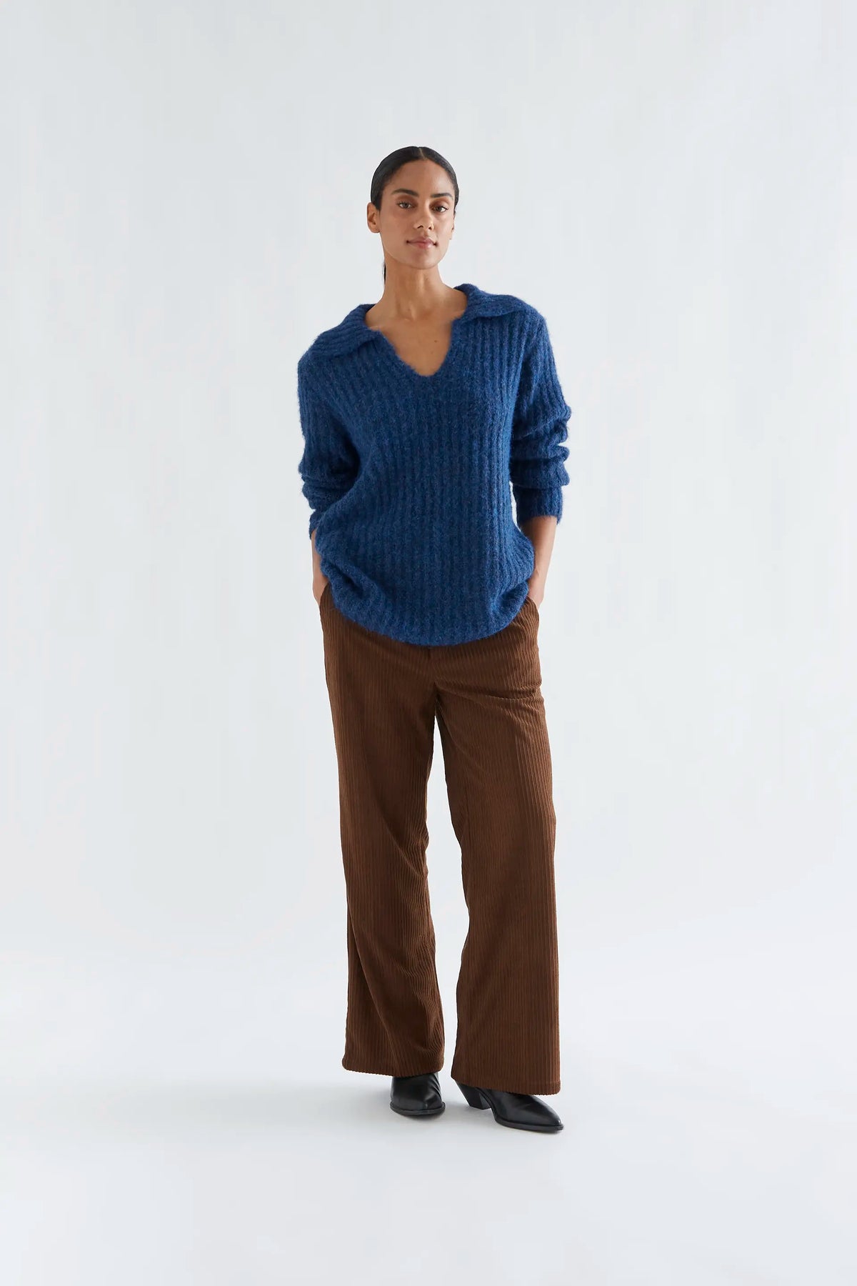 Navy blue striped wool blend knit sweater