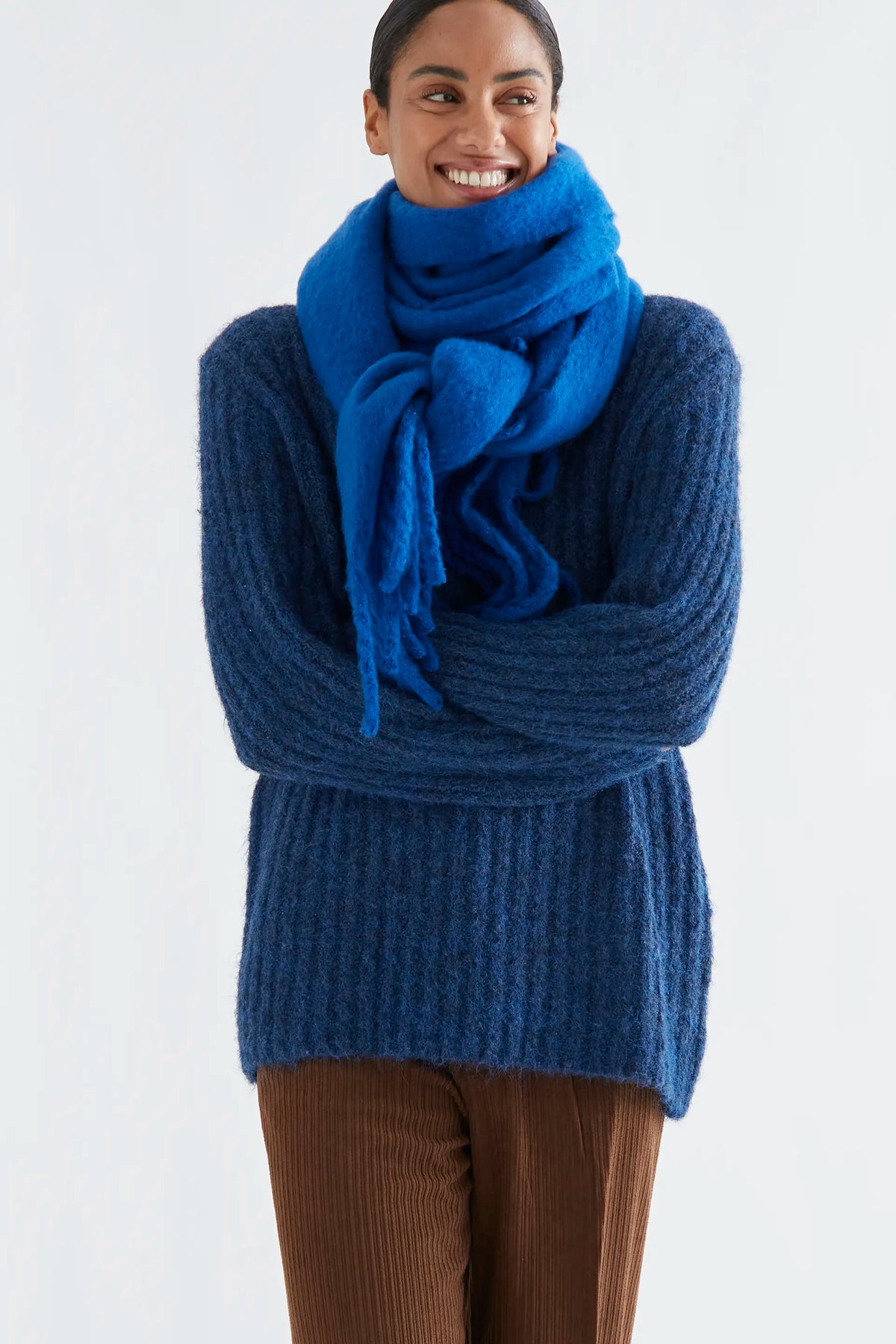 Navy blue striped wool blend knit sweater