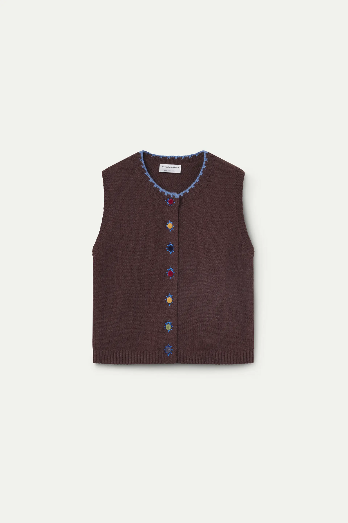 Chaleco punto marrón con botones terciopelo multicolor