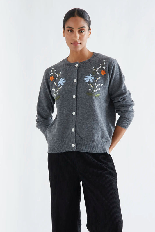 Cárdigan mezcla lana gris con bordado floral
