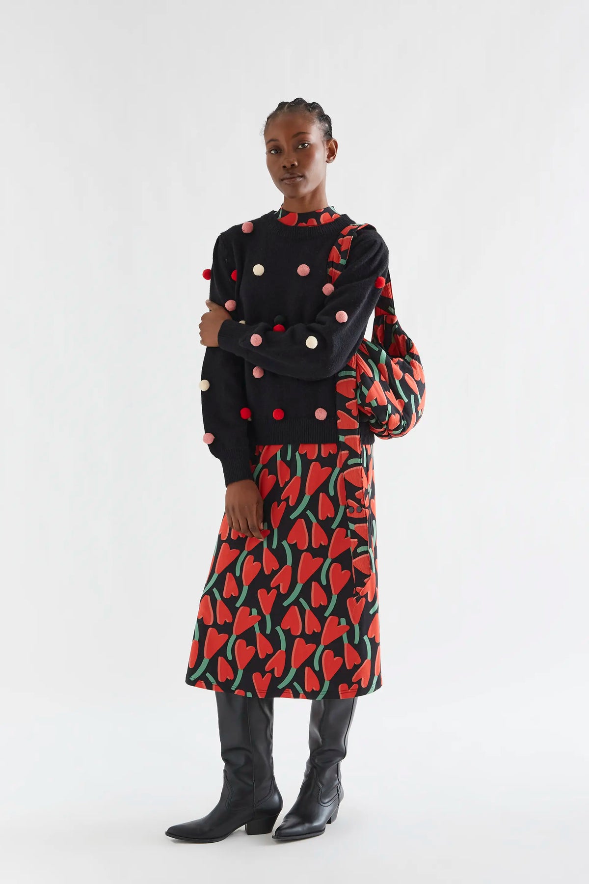 Black knit sweater with multicolored pompoms