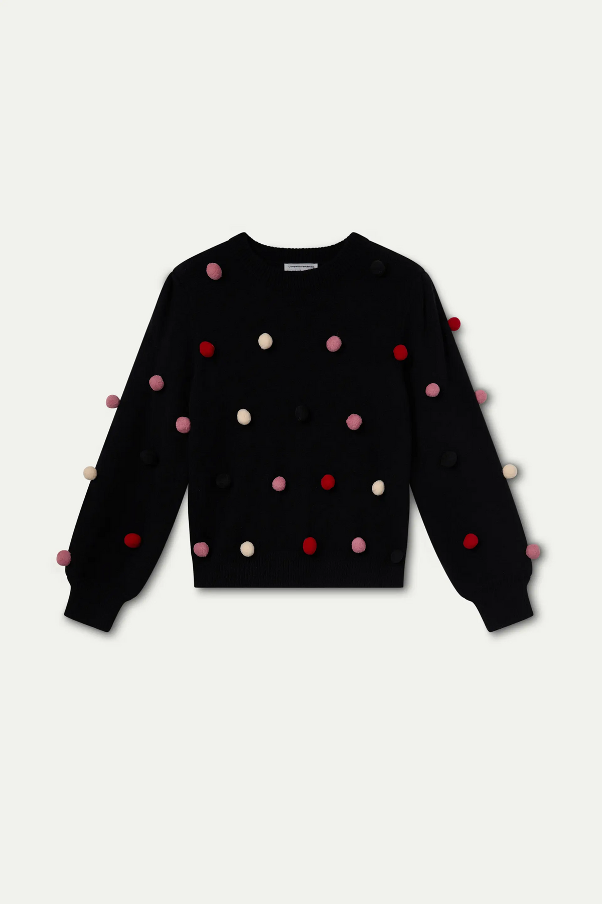 Black knit sweater with multicolored pompoms