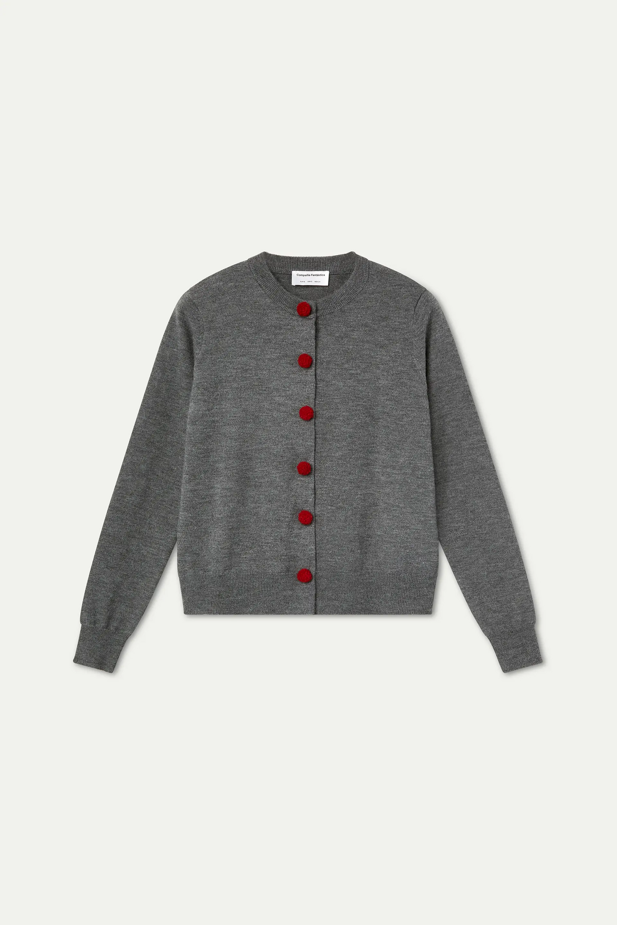 Cardigan grigio con pon pon rossi
