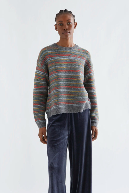 Maglione in maglia grigio con stampa a righe multicolore