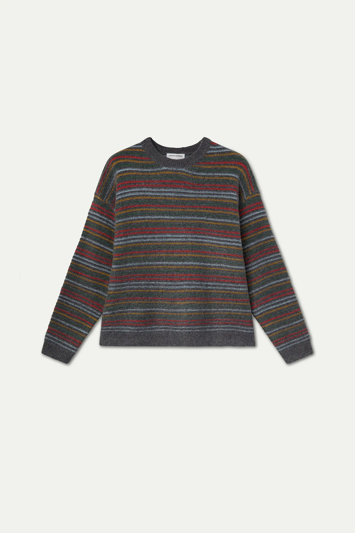 Grey knit sweater with multicolor stripe print