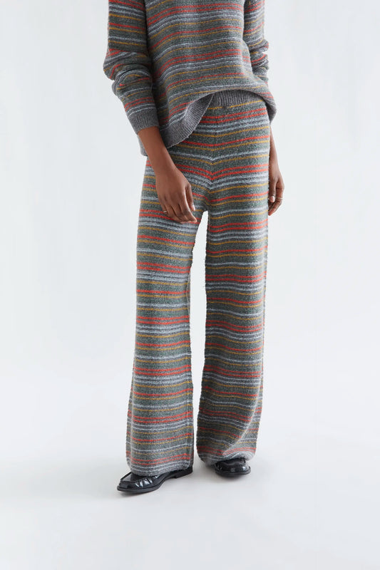 Gray knit pants with multicolored stripe print