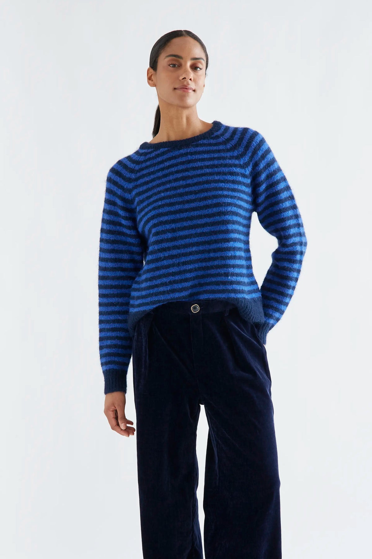 Navy blue and blue striped knit jumper