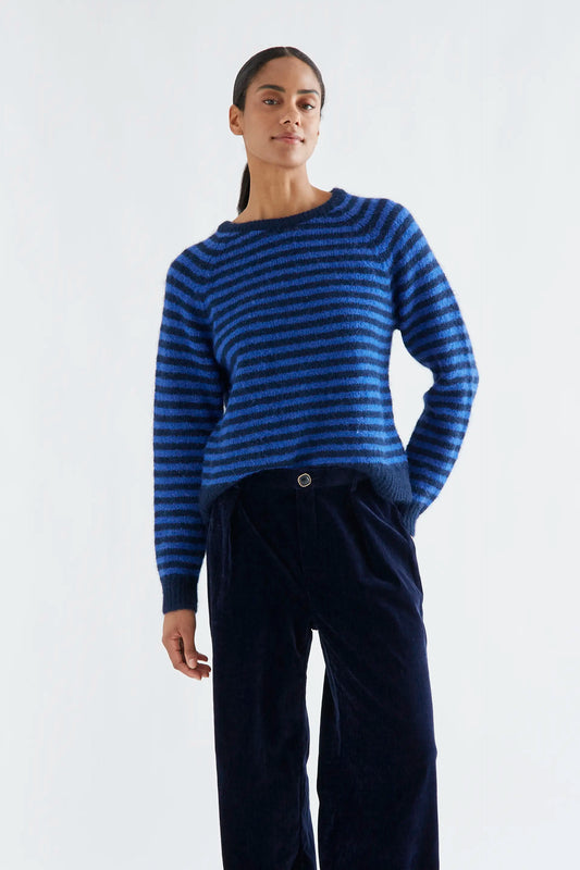 Navy blue and blue striped knit jumper