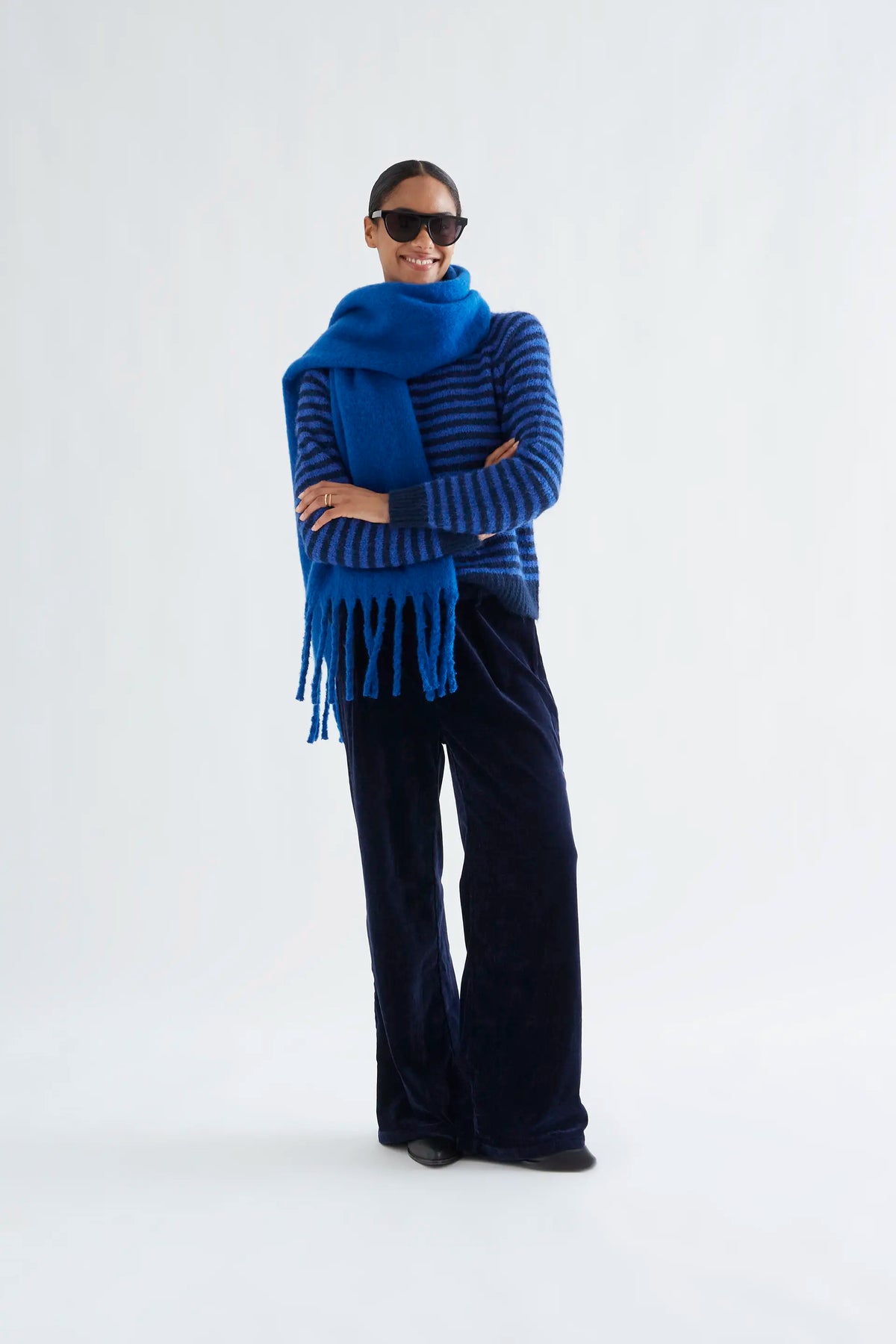 Navy blue and blue striped knit jumper