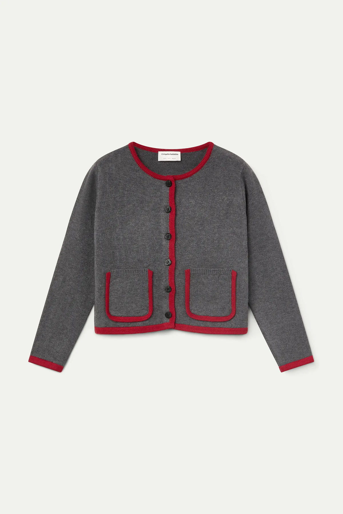 Cárdigan bicolor gris oscuro y rojo