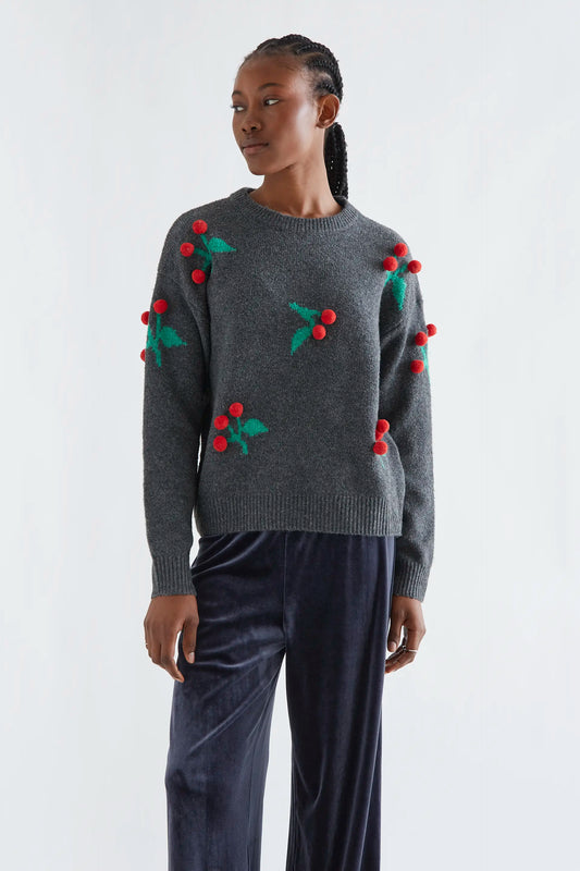 Maglione grigio con pon pon di ciliegie rosse