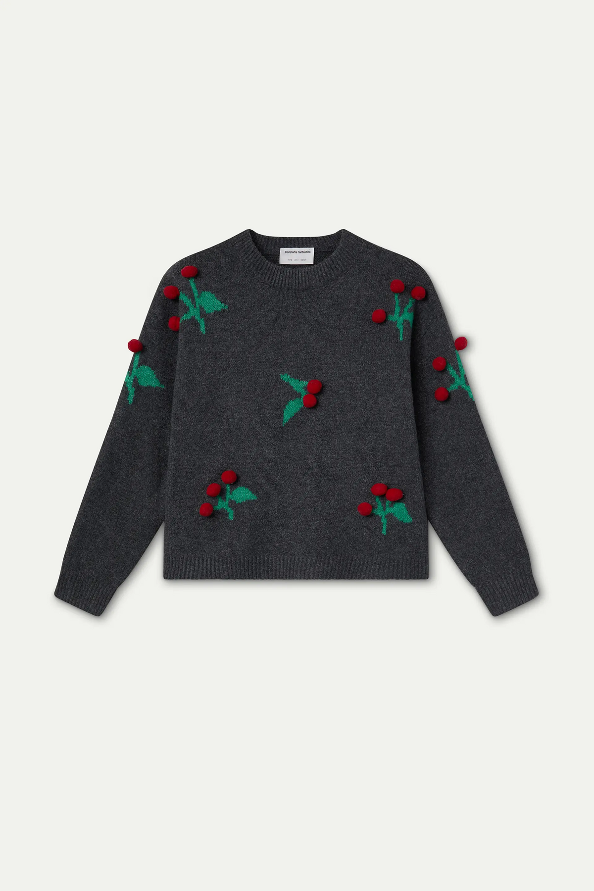 Maglione grigio con pon pon di ciliegie rosse
