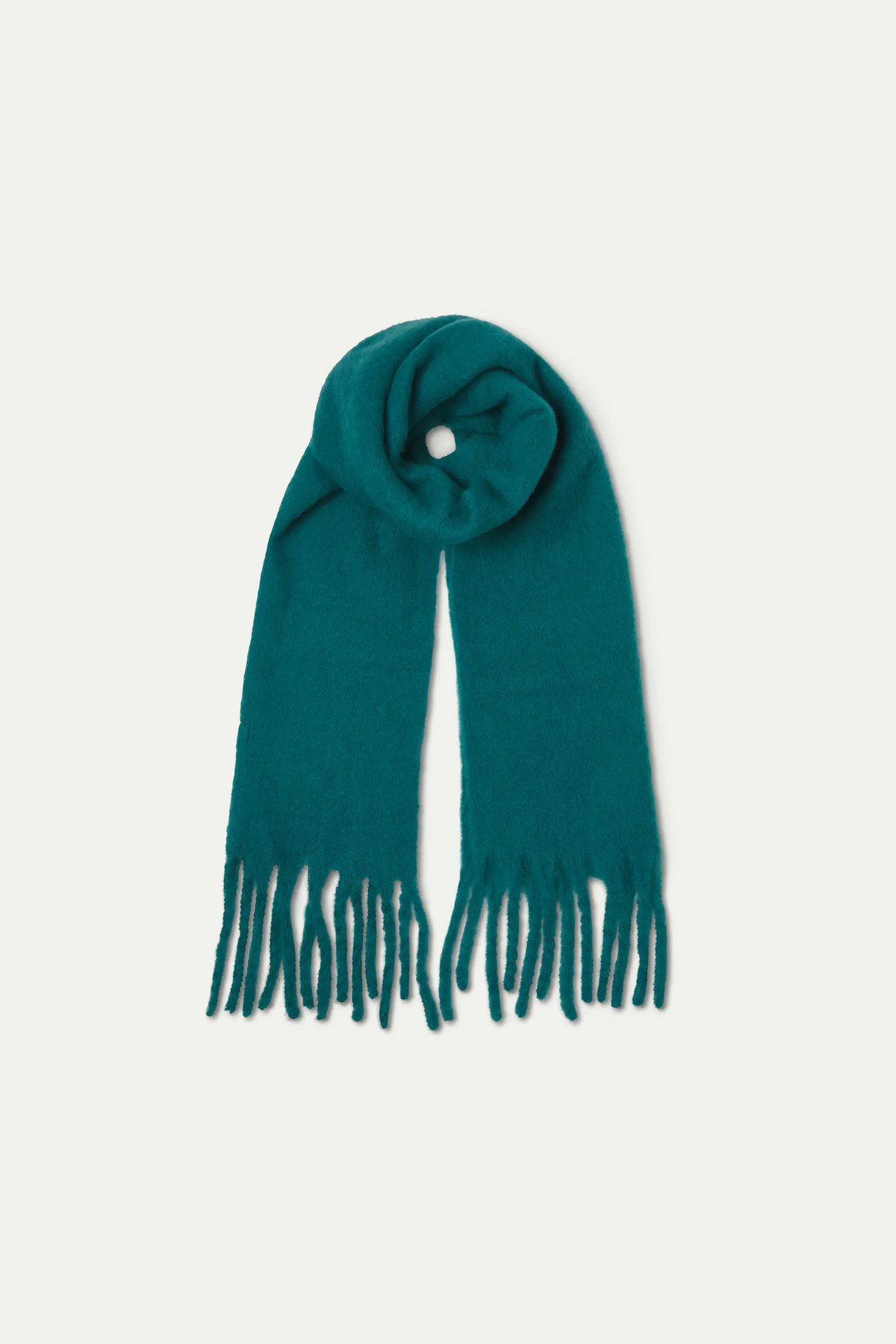 Dark green knitted scarf with fringe