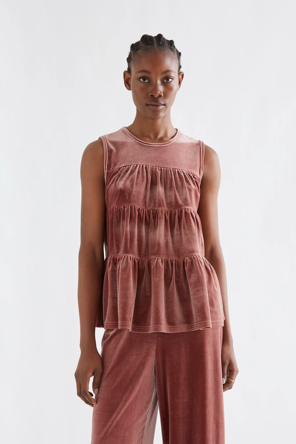 Pink velvet top with ruffles