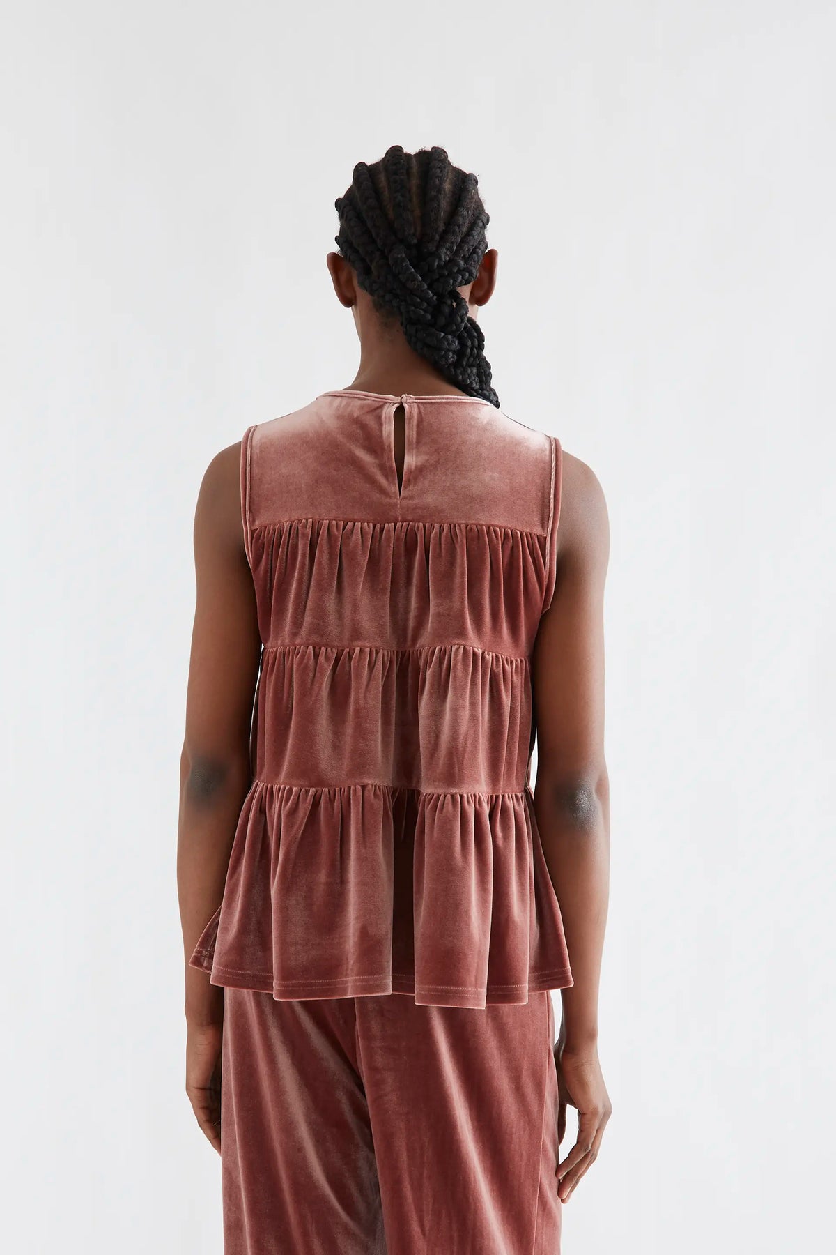 Pink velvet top with ruffles