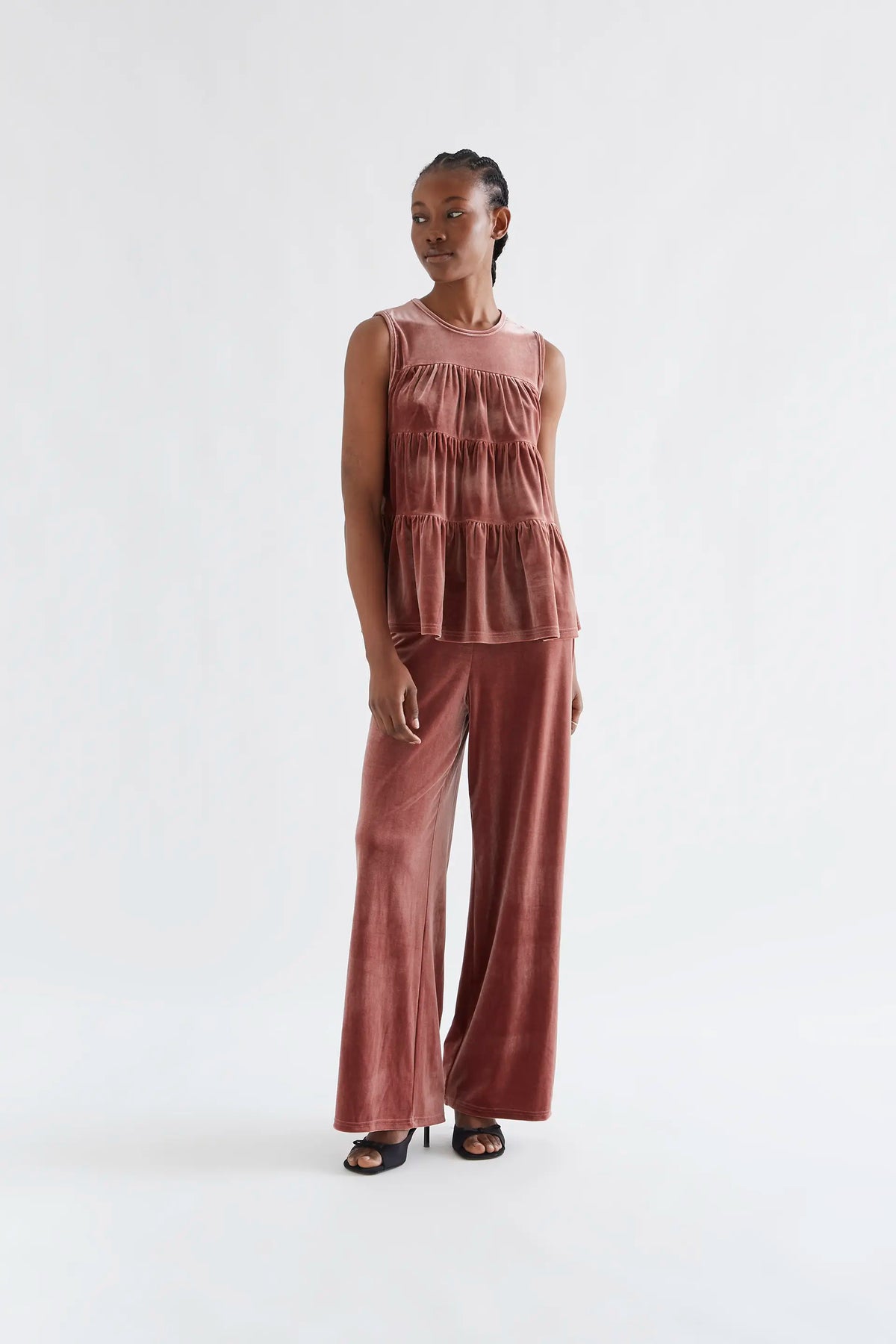 Pink velvet top with ruffles