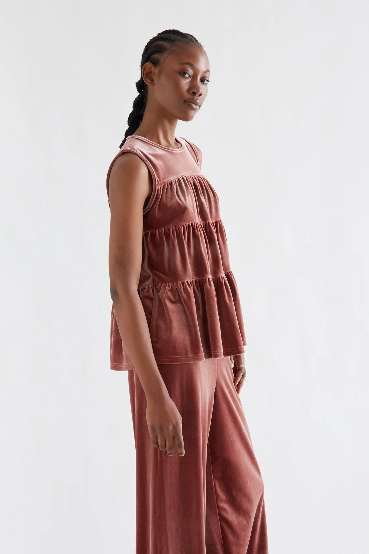 Pink velvet top with ruffles