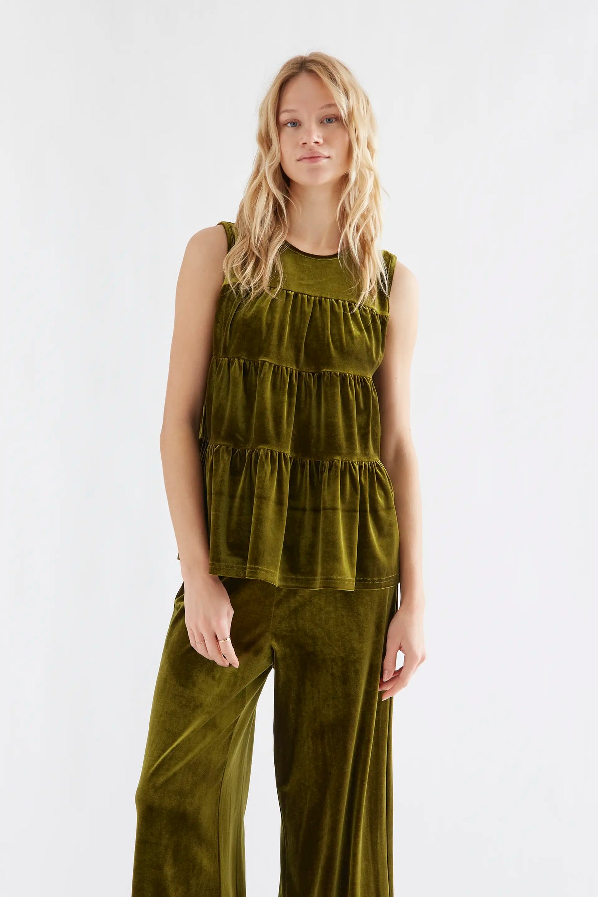 Olive green velvet ruffle top