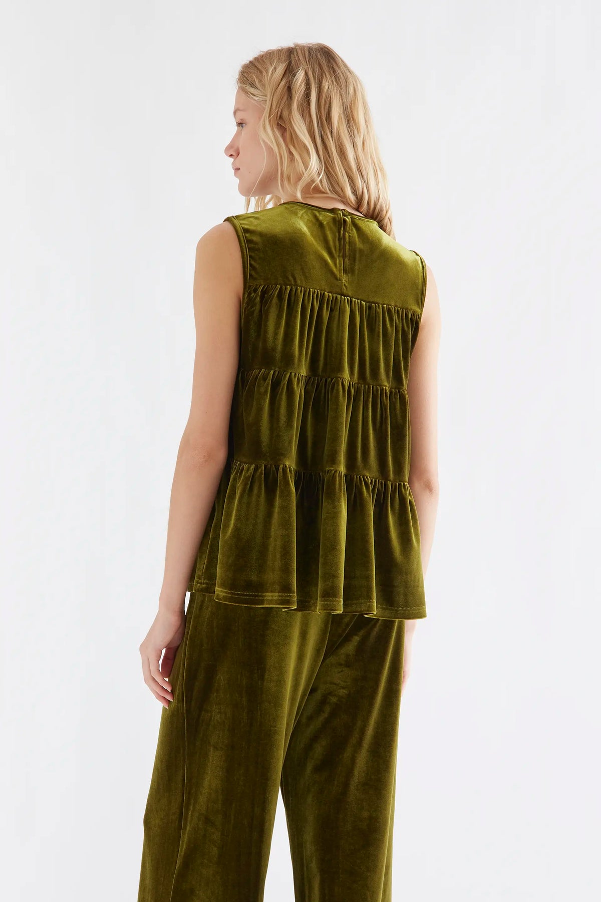 Olive green velvet ruffle top