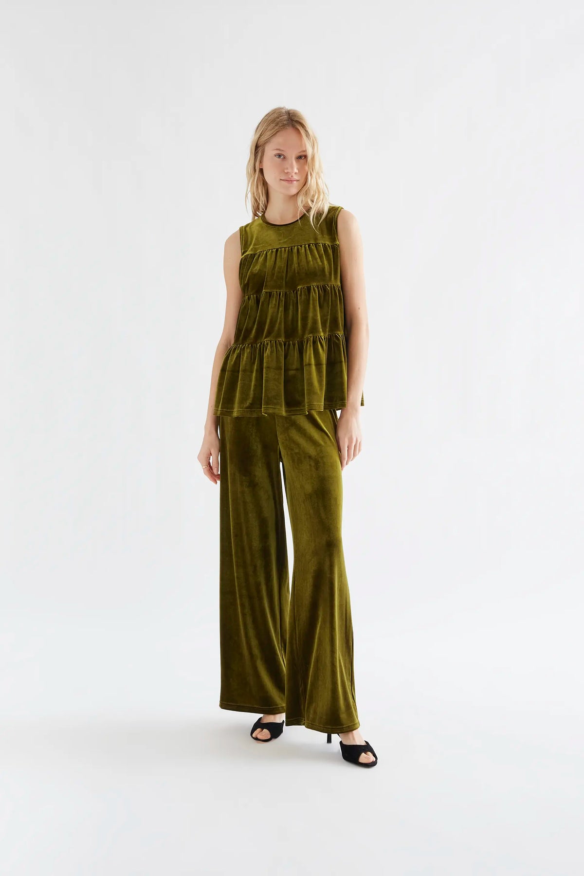 Olive green velvet ruffle top