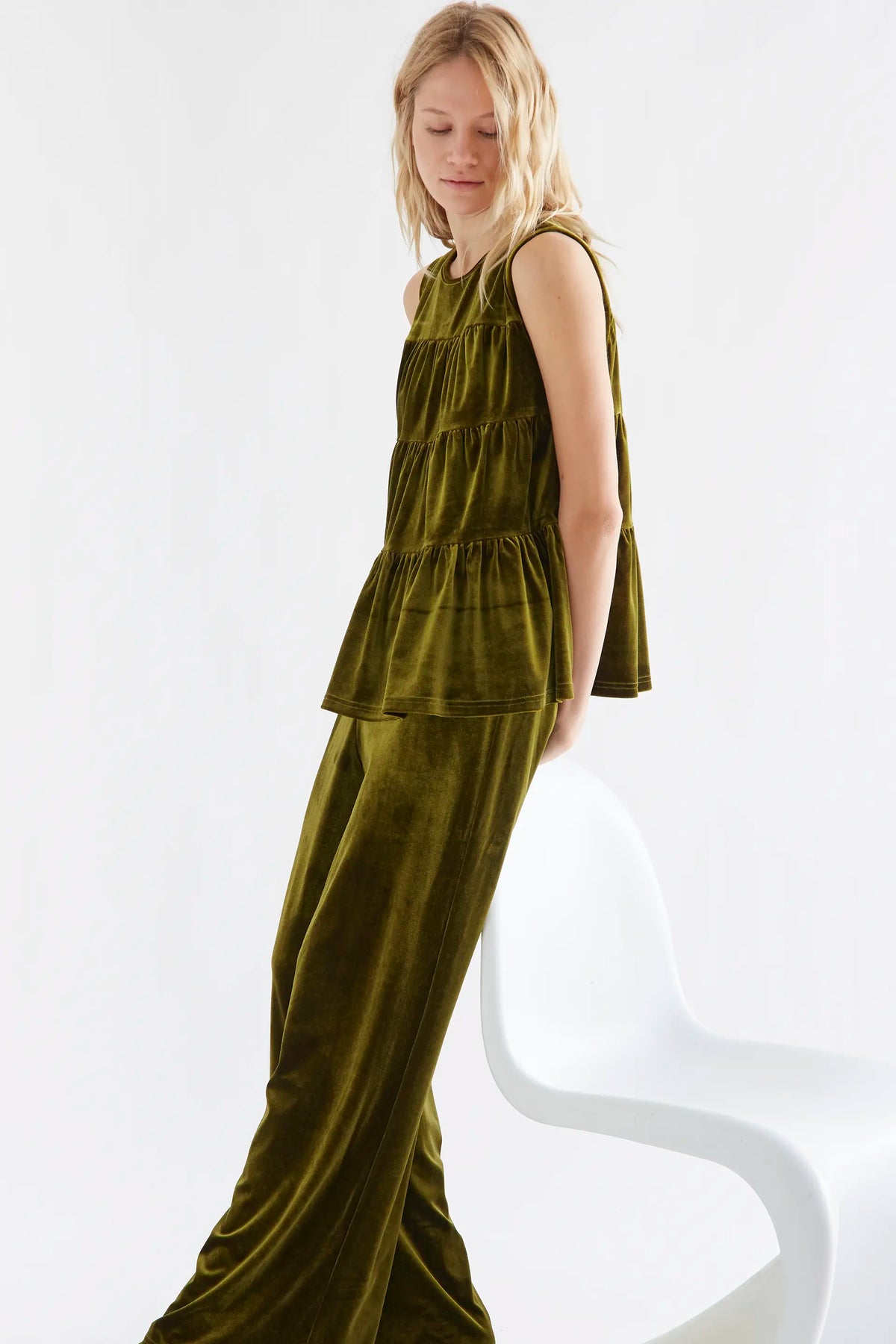 Olive green velvet ruffle top