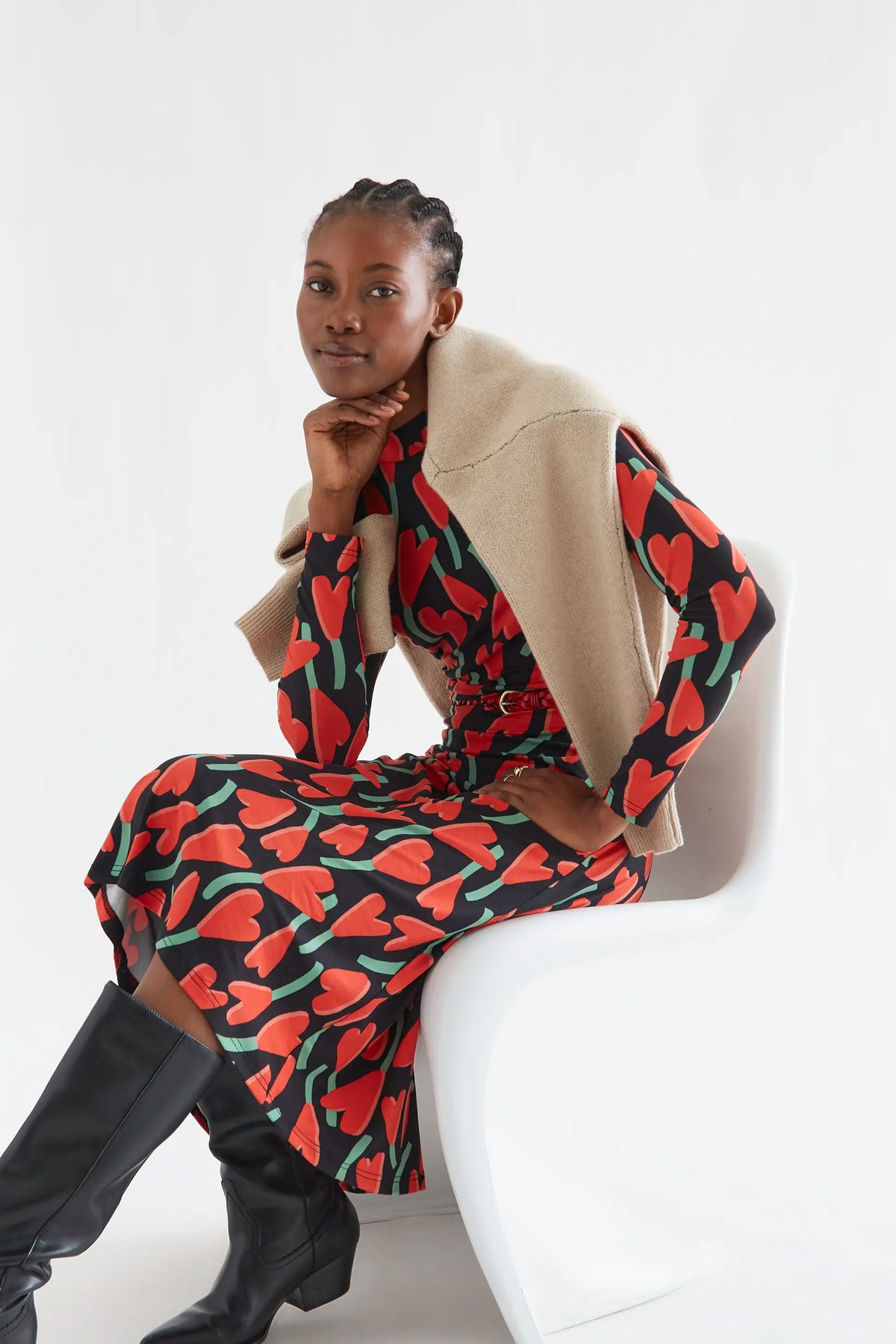 Long sleeve midi dress with Cyclamen print