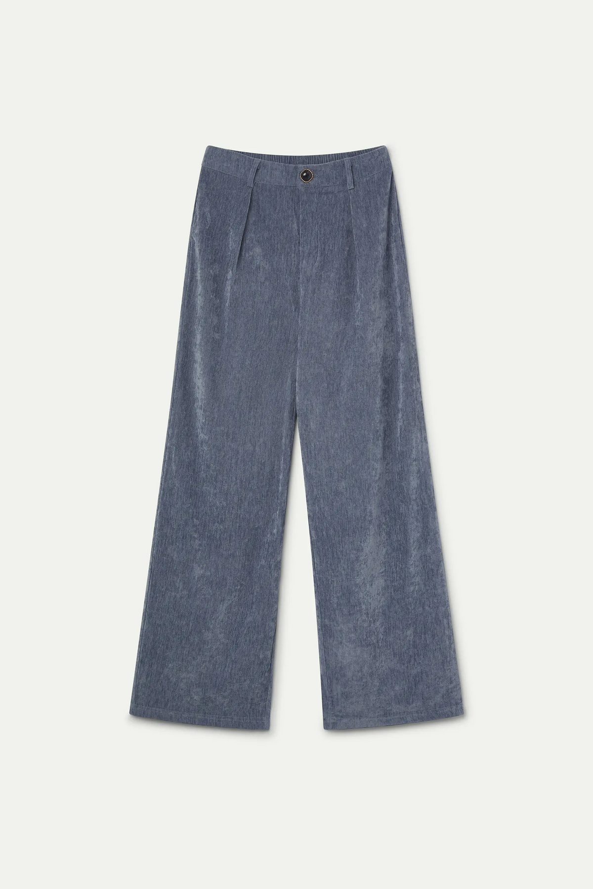 Pantalón aterciopelado azul claro con botón joya