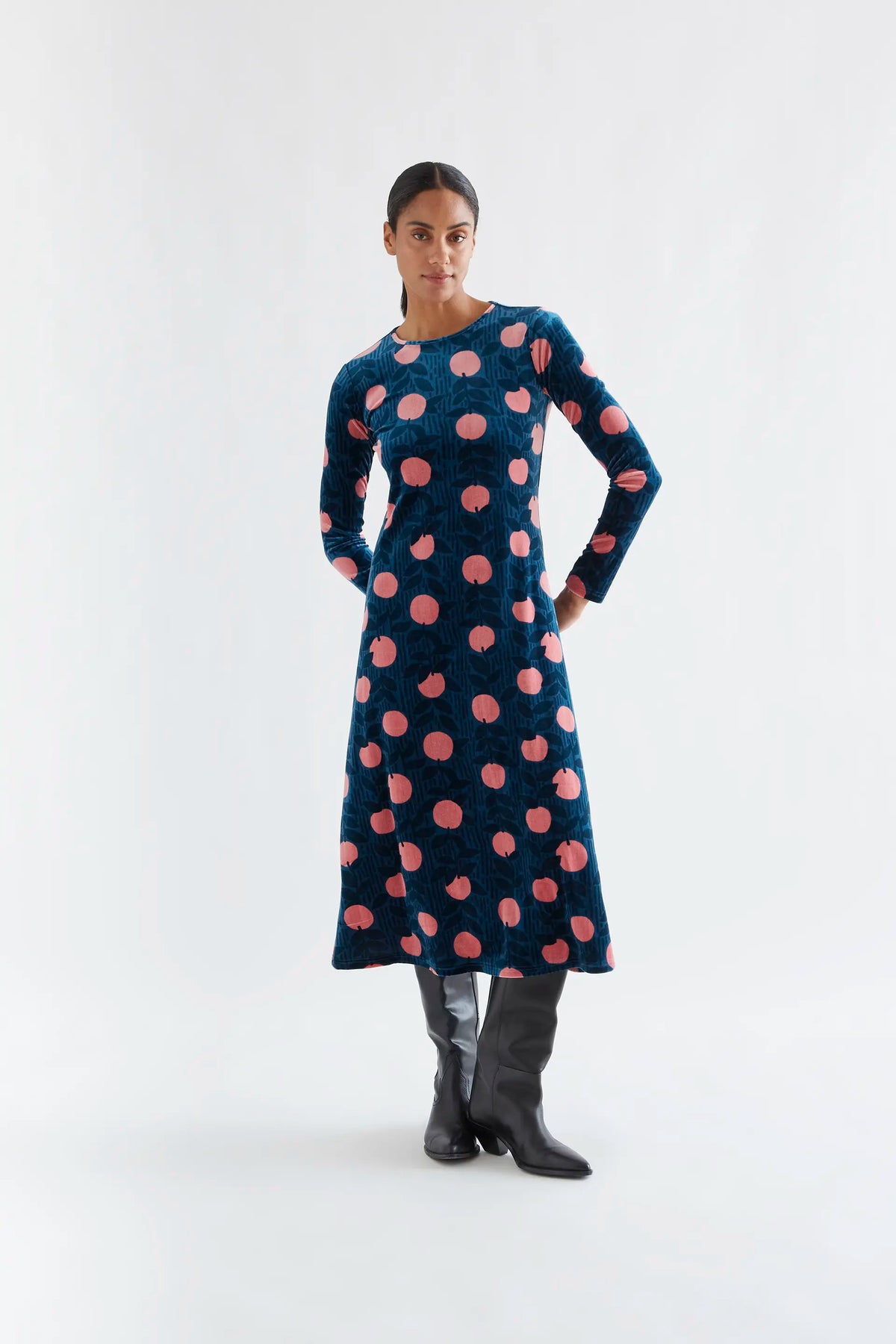 Lychee print velvet midi dress