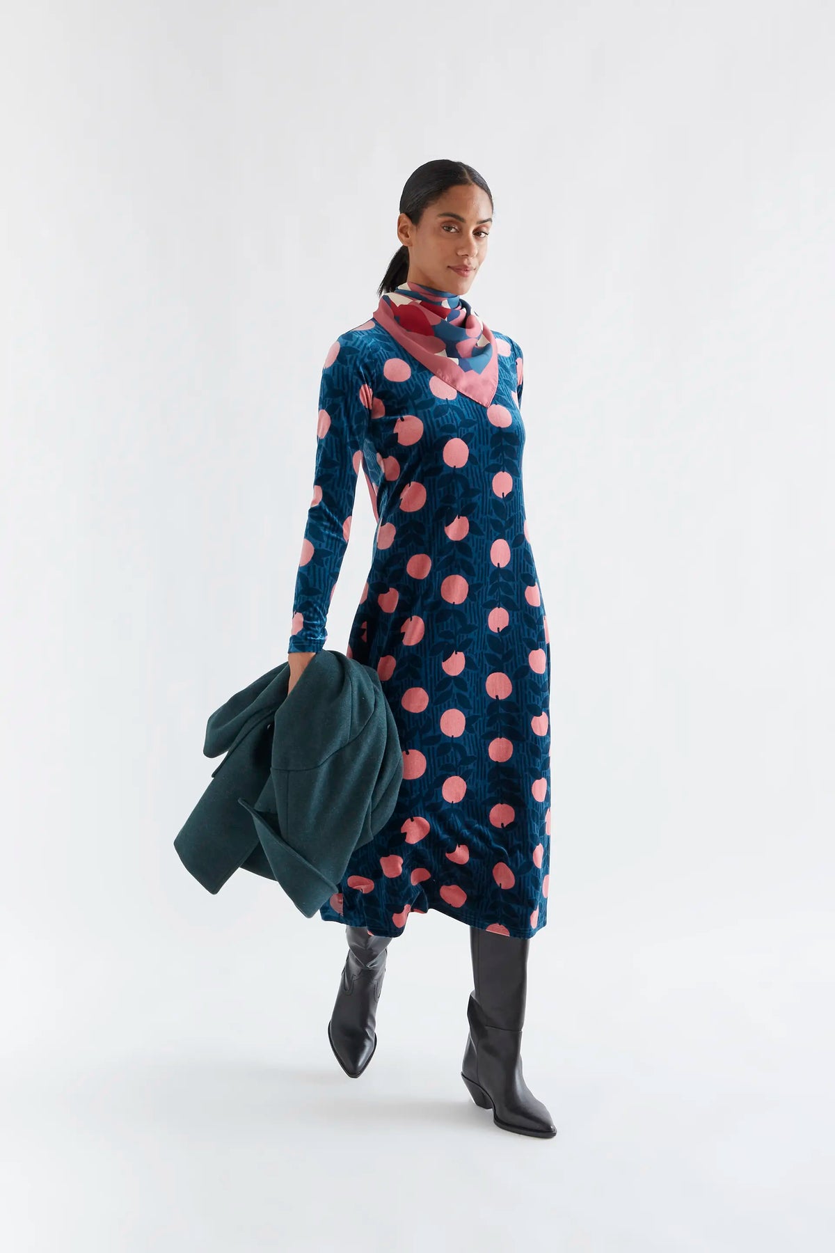 Lychee print velvet midi dress